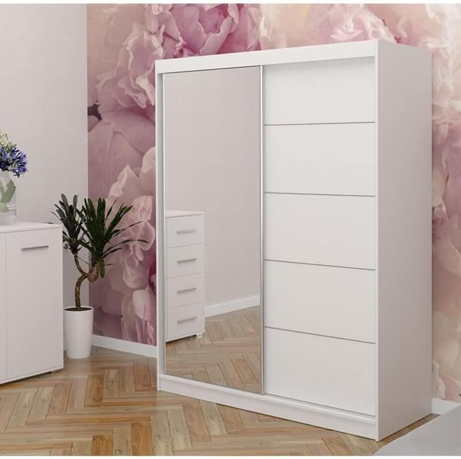 Fabryka Mebli Idźczak Kleiderschrank mit Spiegel, Schwebetürenschrank, Schlafzimmerschrank - ‎61 x 150 x 200 cm - Schrank für Schlafzimmer, Ankleidezimmer, Garderobe - Imoebel24