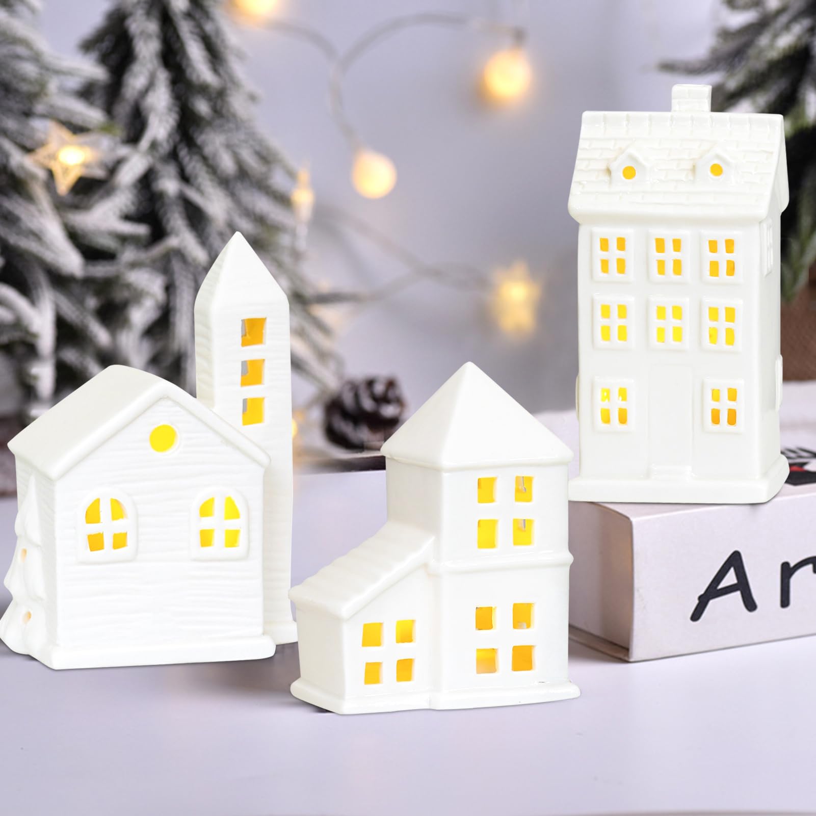 DZAY Weihnachtsdorf Beleuchtet Weihnachten Weisse Häuser Nachtlicht,LED Lichthaus Weihnachten Deko,Lichthäuser Keramik Weiß Teelichthalter Windlicht Haus Weihnachtshäuser Weihnachtsdeko (3 Stück)