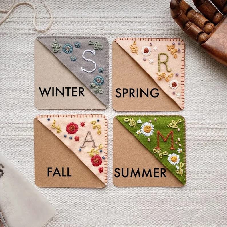 Personalized Hand Embroidered Corner Bookmark, 26 Letters Hand Stitched Felt Corner Letter Bookmark, Cute Flower Embroidery Bookmarks for Book Reading Lovers Meaningful Gift (Summer,M