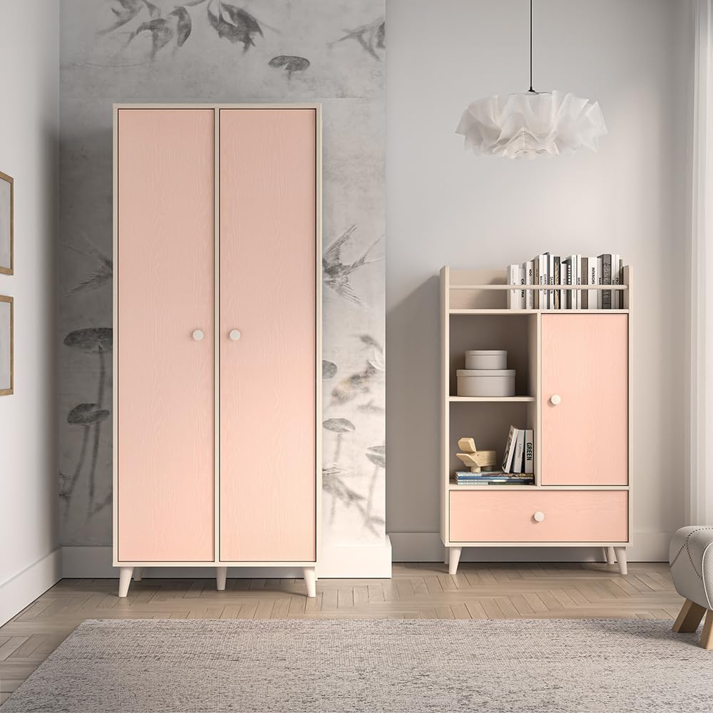 Lomadox Kinderzimmer Set 2-teilig in Sandbeige mit rosa, Kleiderschrank mit 2 Kleiderstangen Regal offen Softclose-Funktion fühlbare Holzstruktur