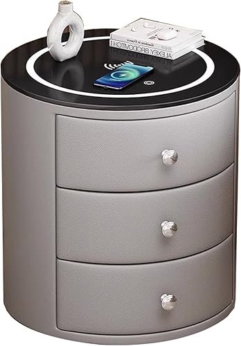 Miniatura 8 de Mesita de noche LED, mesa auxiliar auxiliar de 3 niveles con cajón de almacenamiento y estante, mesita de noche con estación de carga y puertos USB,