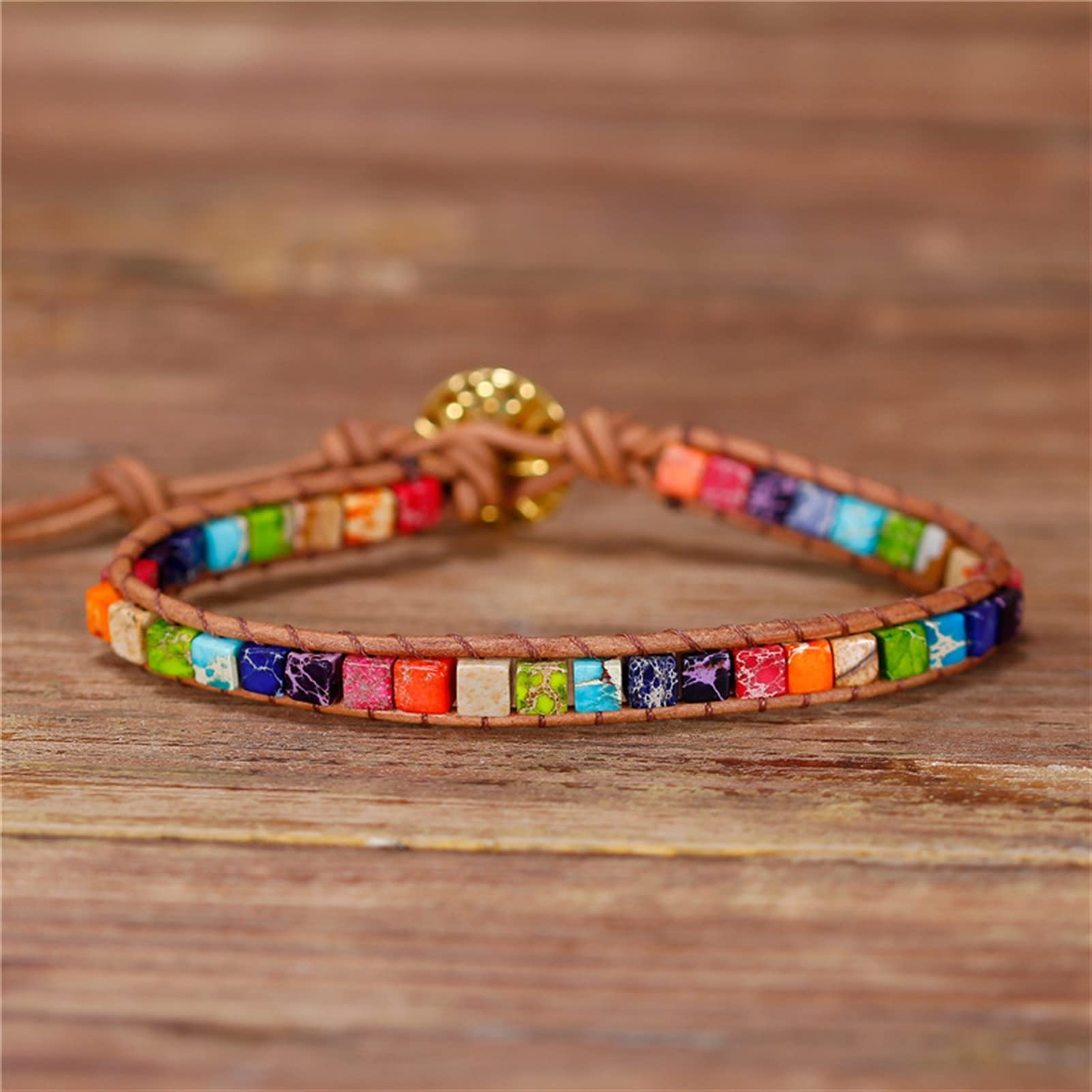 7 Chakra-Perlen-Armband, Mehrfarbig, Naturstein, quadratische Perlen, Leder-Wickelarmband, Liebhaberarmbänder, Geschenke, Schmuck, Armband, Schmuck