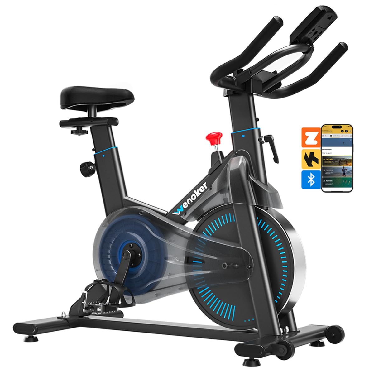 Exercise Bike,Wenoker Magnetic Stationary Bike for Home App Sync Indoor Bike with Adjustable Seat and Handlebar, Transport Wheels and Fitness Courses for Weight Loss (Magnetic Light-blue pro)