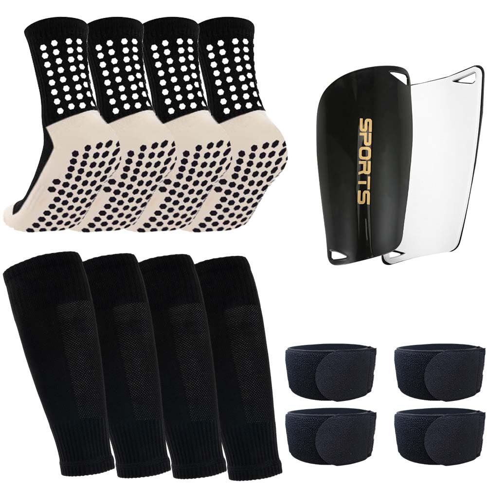 2 Pairs Mens Grip Soccer Socks, 2 Pairs Shin Sleeves with 1 Pack Shin Guards and 4 Shin Straps, Soccer Game Set 9 Pcs