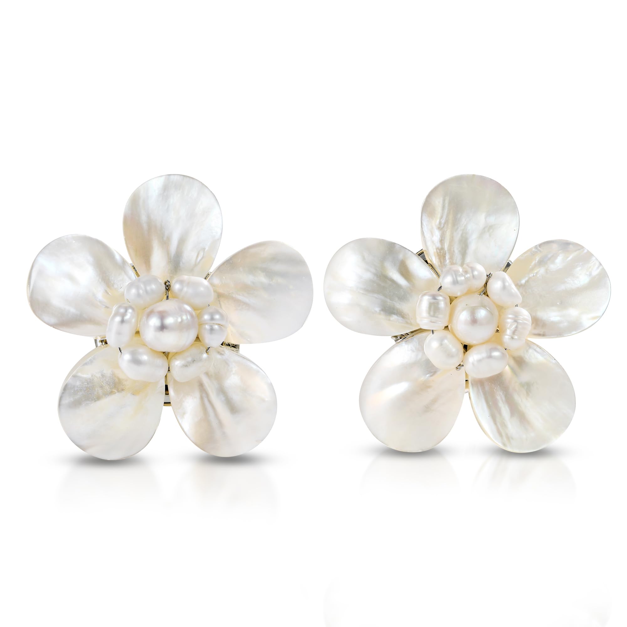 AeraVida 45mm Mother of Pearl Flower Clip-On Earrings for Women Handmade White Floral Jewelry Non Pierced Paddle Back Summer Statement Earrings