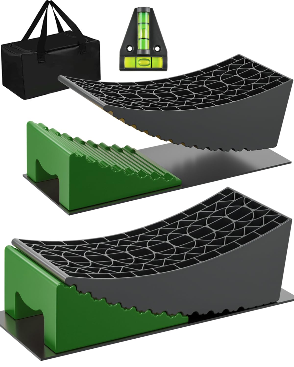 RV Leveling Blocks Ramp Kit, 2 Packs Camper Leveler System for Travel with Two Chocks, 2 Anti-Slip Mats, 1T Bubble Level and Carry Bag, Up to 35000 LBS, Easier & Faster to Level Camper-Green