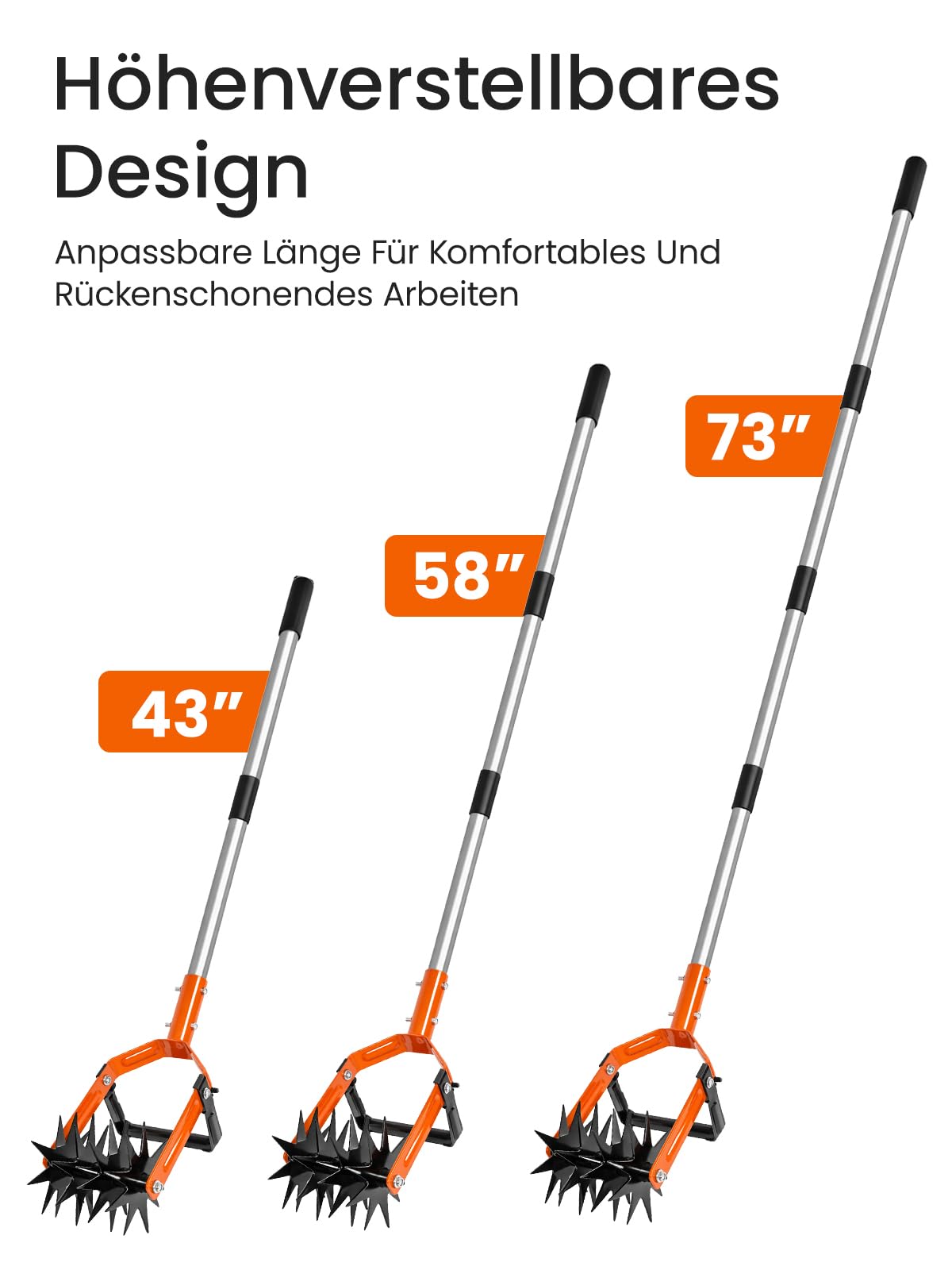 Rotationsgrubber mit verstellbarem Edelstahlstiel 2 in 1 Handkultivator mit Jätfunktion zur Bodenlockerung, Belüftung, Krümelung und Rasennachsaat