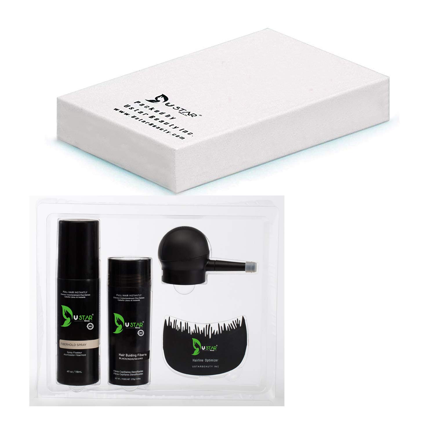 Ustar 4 in 1 Hair Building Fibers Set for Thinning Hair Thickening Natural Hair Loss Concealer Powder for Men & Women Bald Spot Cover Up and Hair Volume Enhancer 27.5g Black