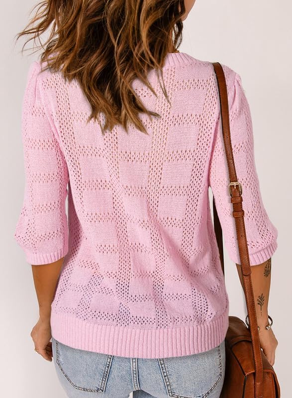 Dokotoo Women's Casual Short Sleeve Loose Tunic Tops Lightweight Crochet Knit Summer Sweaters Blouses - Image 5