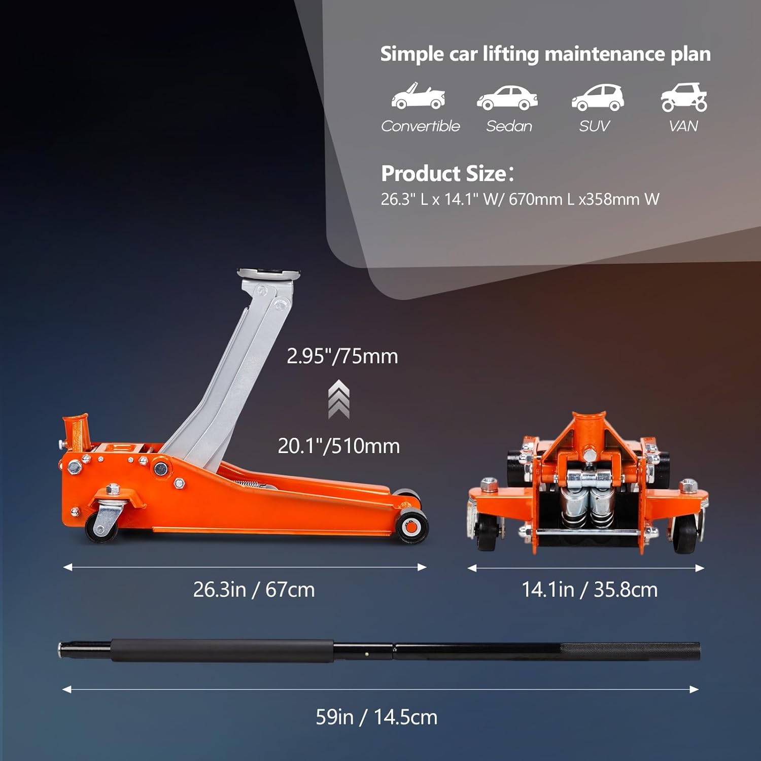 Bonnlo 3 Ton Low Profile Floor Jack,Lifting Range 2.95" to 20.1" Horizontal Hydraulic for Garage, Workshop and Vehicle Maintenance