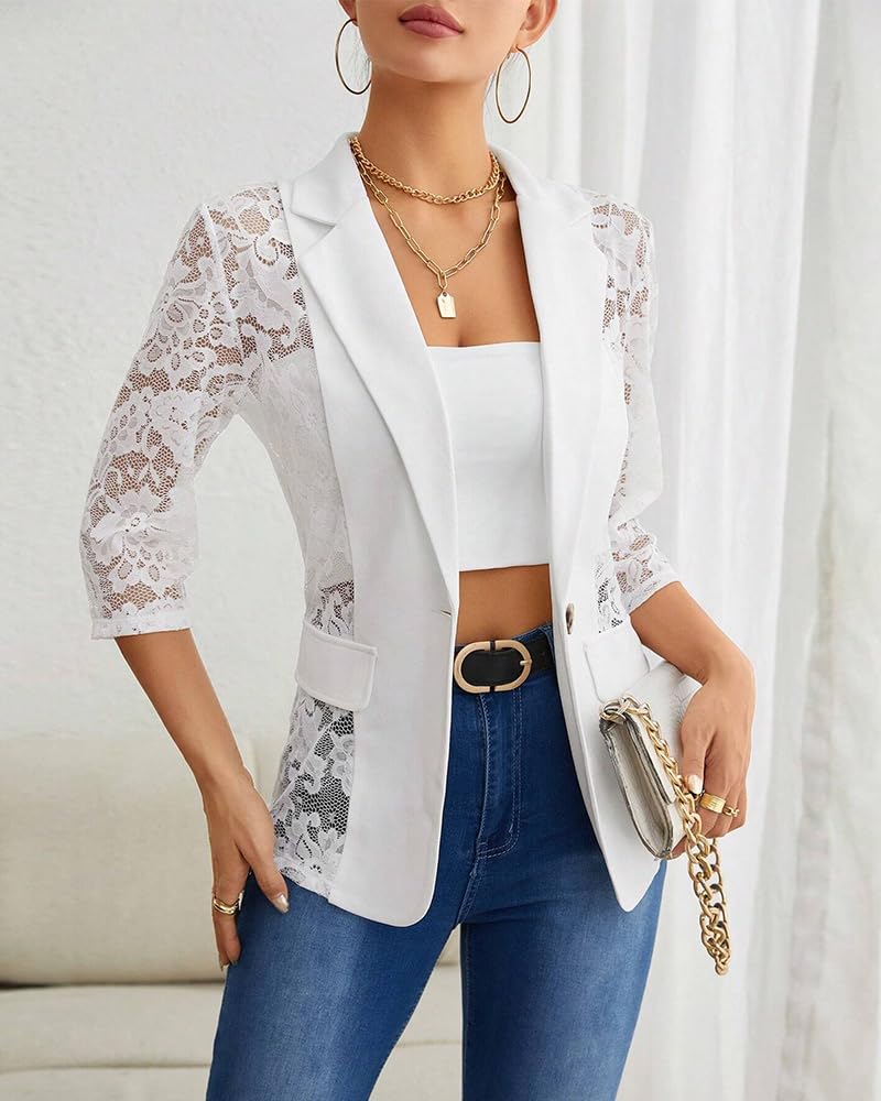 Womens Lapel Neck Lace Patch Sheer Blazer Coat Single Button Flap Night Out Party Spring Casual Office Chic — view 3