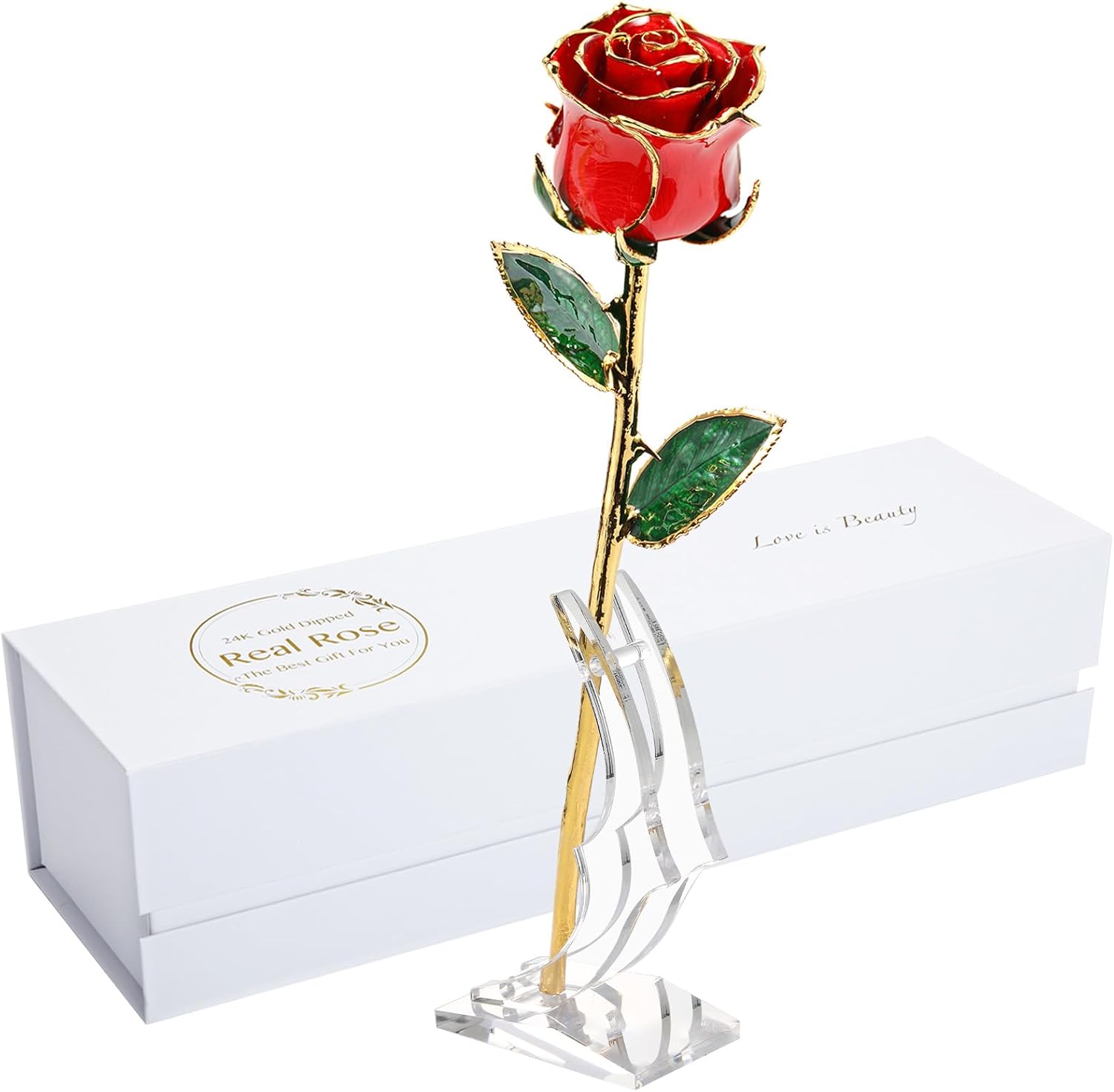 Valentines Day Gift Rose, Gold Dipped Real Rose is Attractive Luster and Natural Shape, Best Gifts for Anniversary Wedding Valentines Day (Red Original Rose with Stand)