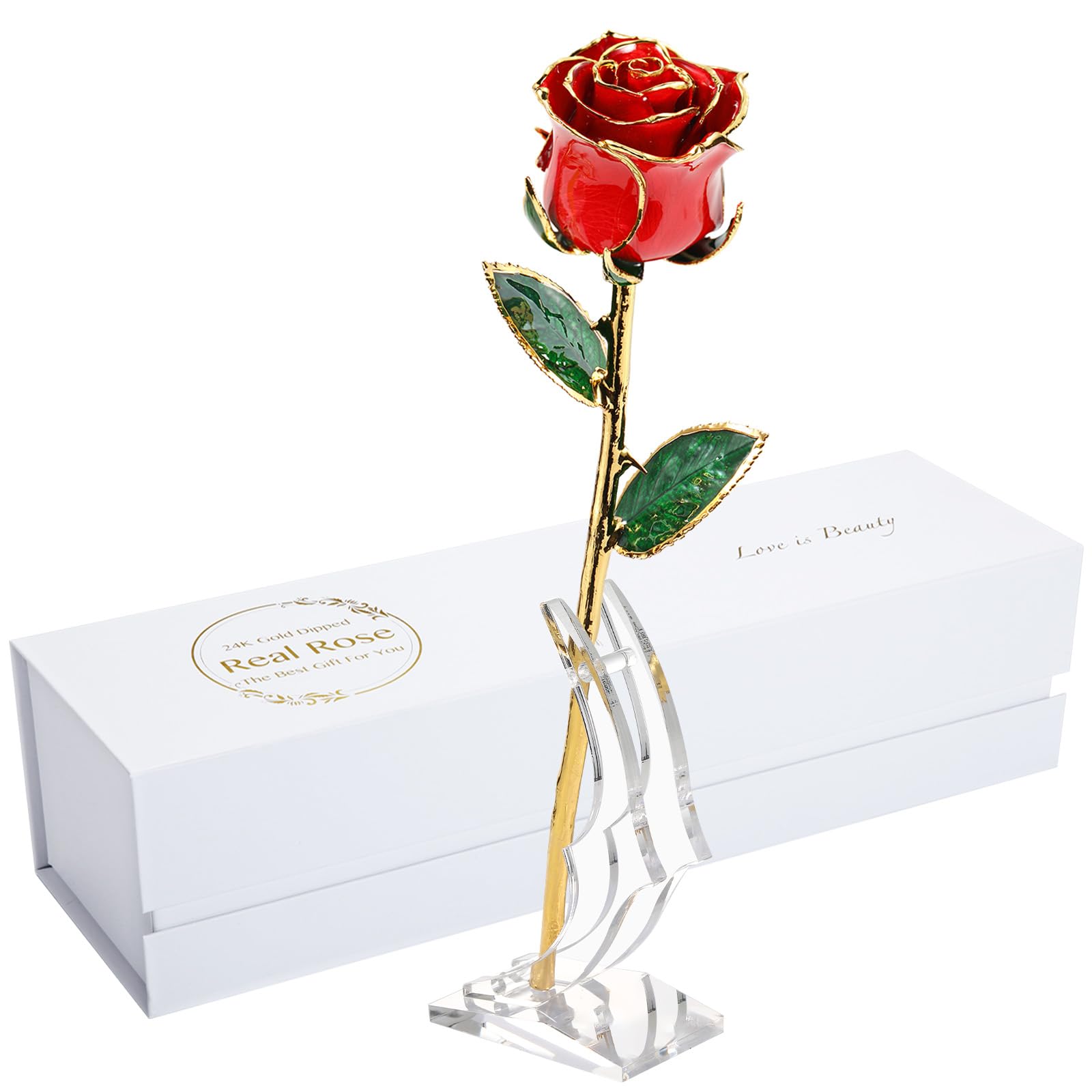 Valentines Day Gift Rose, Gold Dipped Real Rose is Attractive Luster and Natural Shape, Best Gifts for Anniversary Wedding Valentines Day (Red Original Rose with Stand)