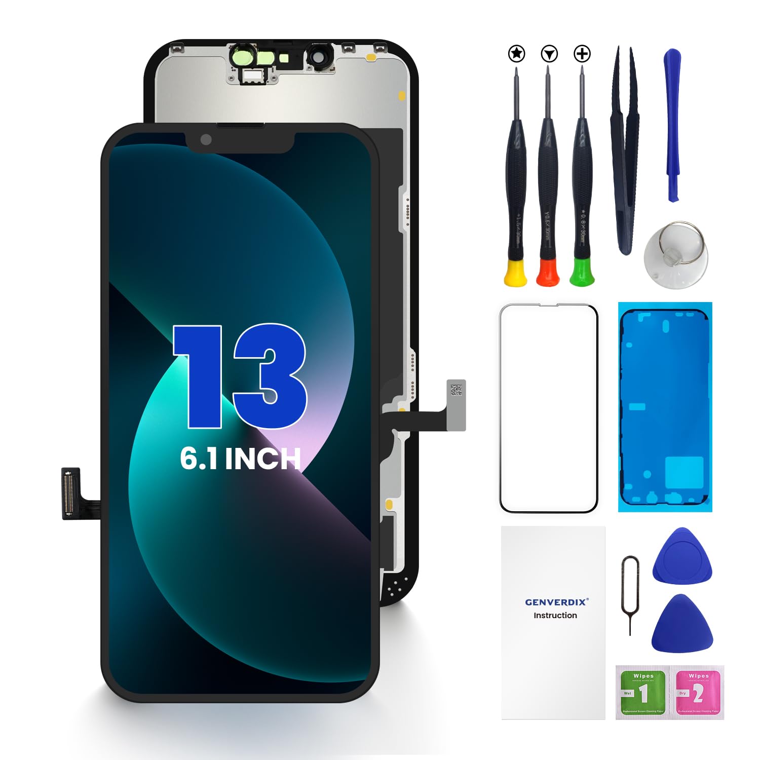 Genverdix Schermo per iPhone 13 – Kit di Riparazione FHD DIY 3D Touch Display da 6.1 Pollici, Completamente Compatibile con Face ID, Colori Vivaci, Alta Risoluzione