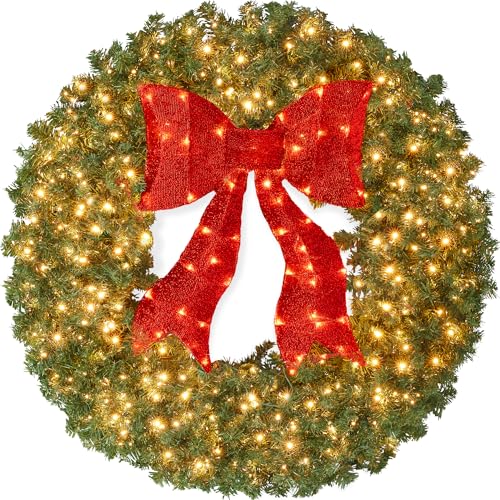 Best Choice Products 24In Large Artificial Pre-Lit Fir Christmas Wreath Holiday Accent Decoration For Door, Mantel W/Red Lighted Bow, 70 Led Lights, 100 Pvc Tips, Battery Operated