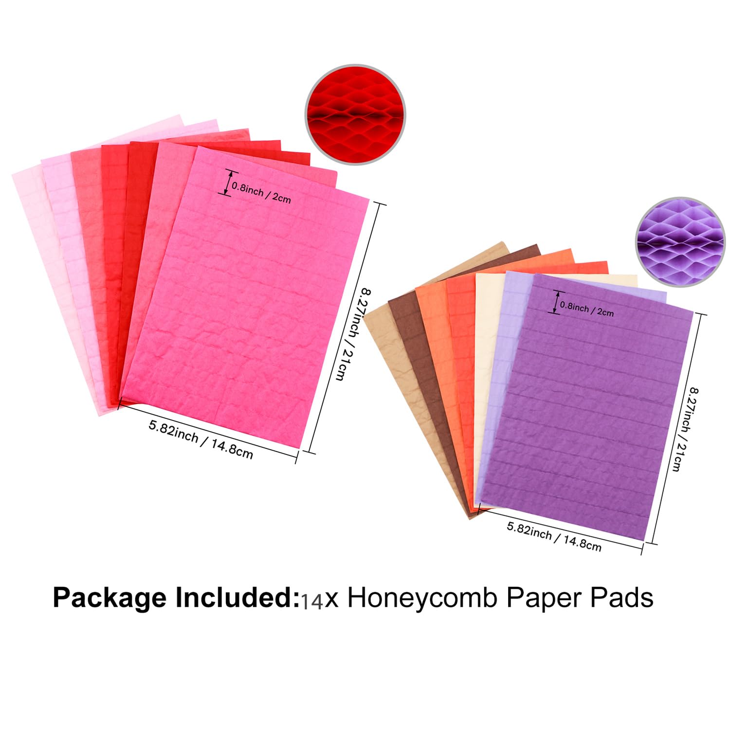 BAOFALI 14Pcs/Set Honeycomb Paper Pads for DIY 3D Craft and Pop-Up Cards; 30 Layers 2cm Glue line Honeycomb Tissue Pad Assorted ColorsGreat for Crafts Cardmaking Embellishments (8.3x5.8inch)