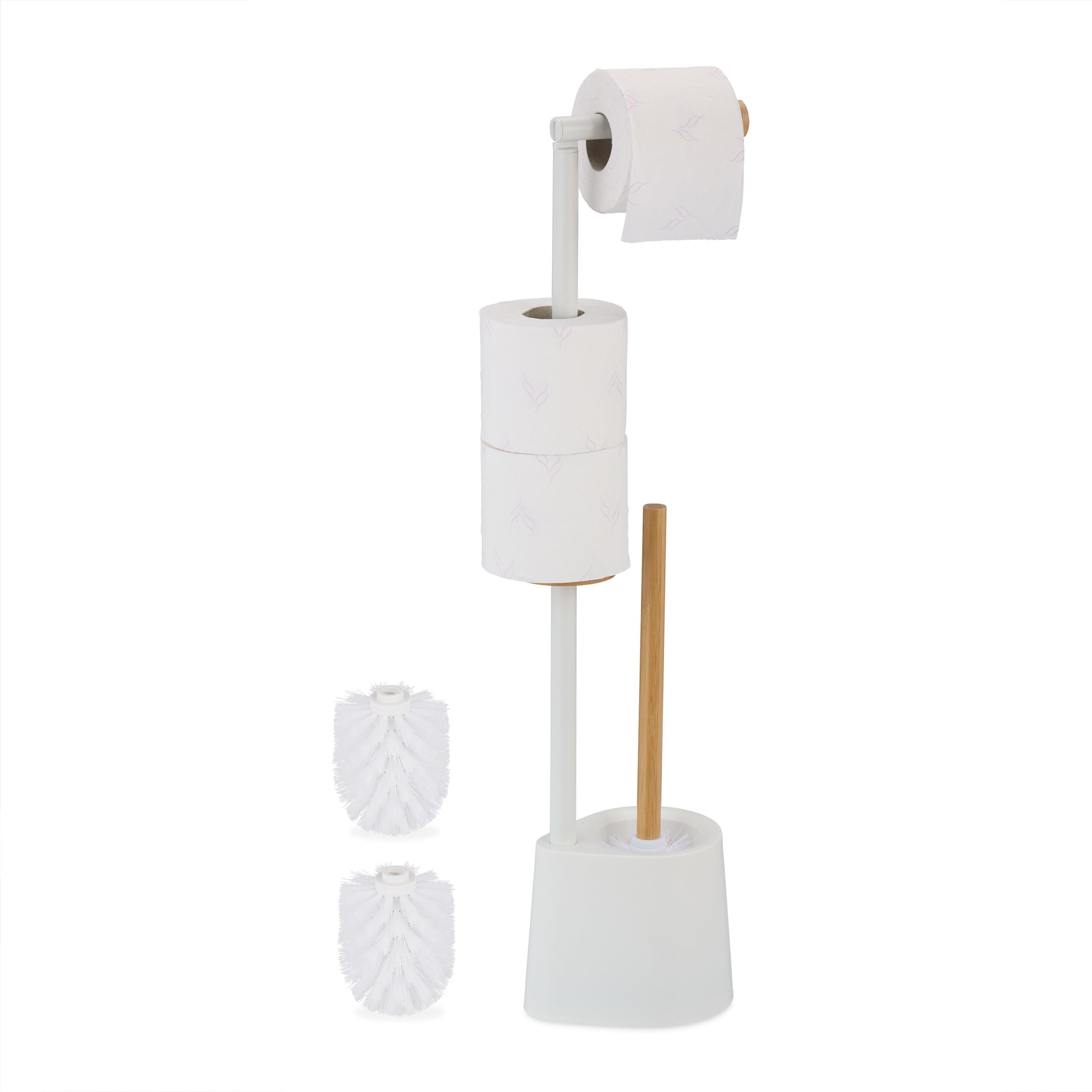 Relaxdays WC Set, Bamboo, Stainless Steel, Free-standing, 2 Spare Heads, Toilet Roll & Brush Holder, White