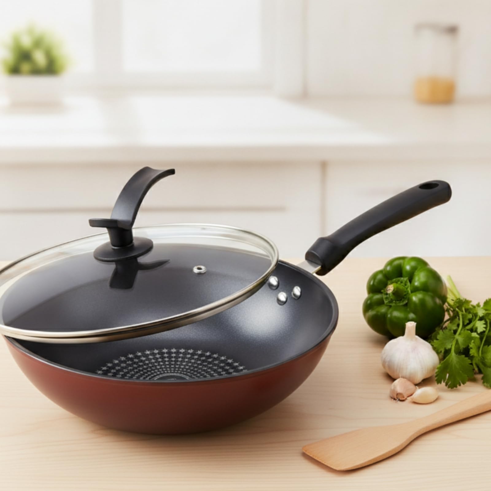 Gralara Wok Antiaderente Facile da Pulire, 30 Cm, Padella Wok Antiaderente Con Coperchio In Cristallo Di Diamante 30 Cm