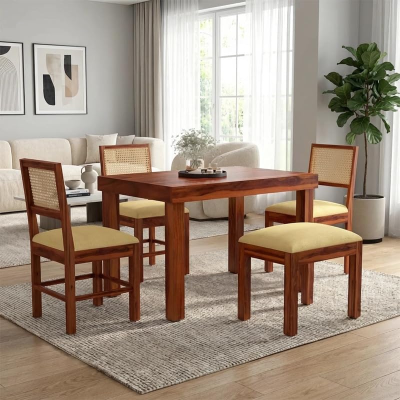 Image of Furniture Solid Sheesham Wood 4 Seater Dining Table Set with 3 Cushioned Chairs and Bench | Wooden Four Seater Dinner Table Set for Living Room, Kitchen, Dining Area and Home (Honey Finish)