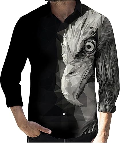 Mens Fashion Casual Pattern Printed Long Sleeve O-Neck Shirts Tops Blouse Loose Comfortable Button Down T Shirt