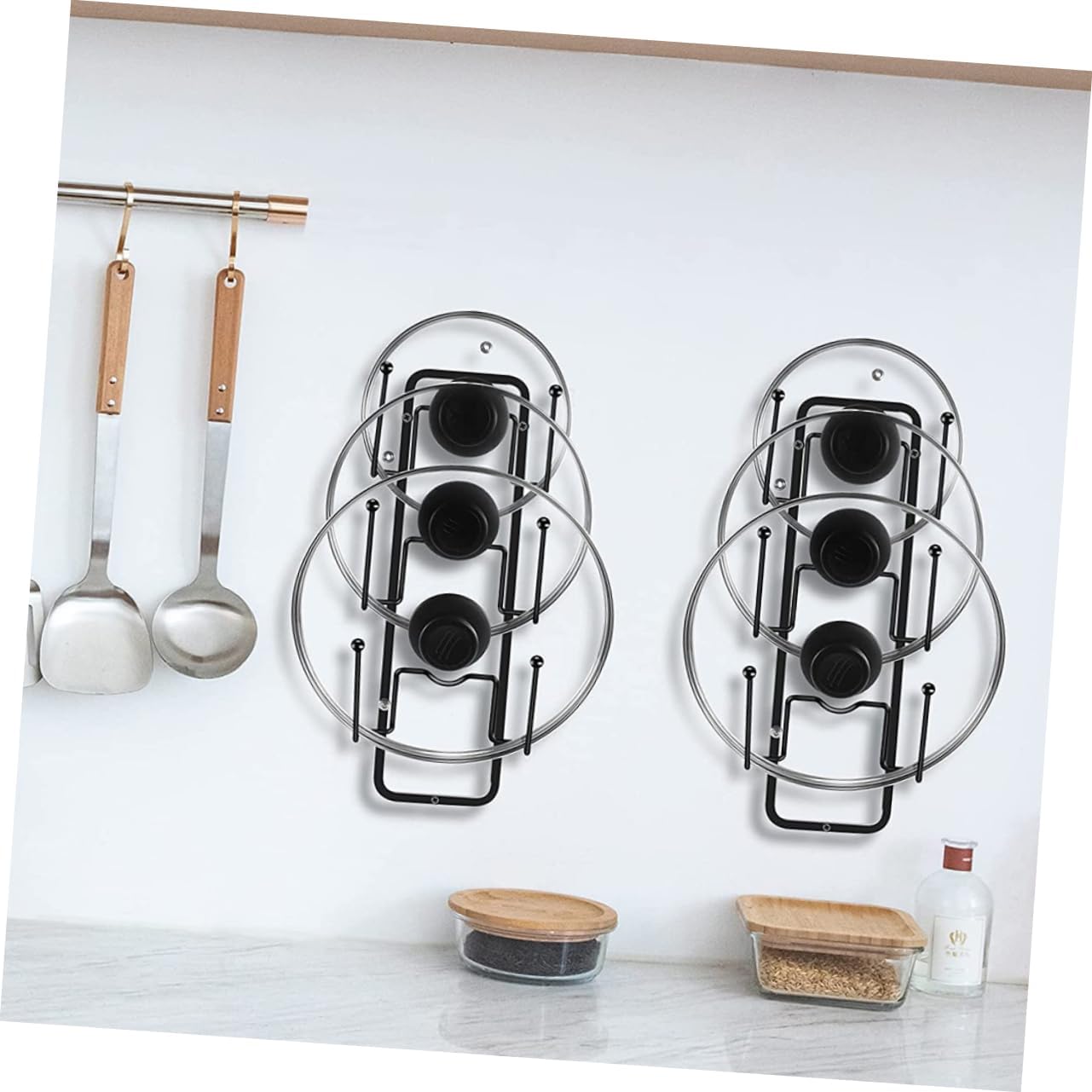 2pcs Punch Pot Lid Holder Wear-resistant Kitchen Organizer Rack for Efficient Storage Wall-mounted Design Multifunctional Stand for Pot Lids and Utensils Black
