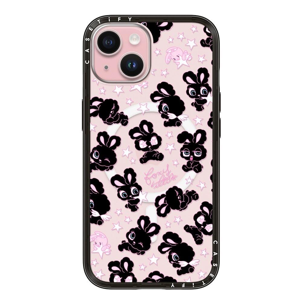 CASETiFY コンパクト iPhone 15 ケース [MagSafe対応/薄型 軽量/耐衝撃] - Black Bunnies Star Mix - ブラック