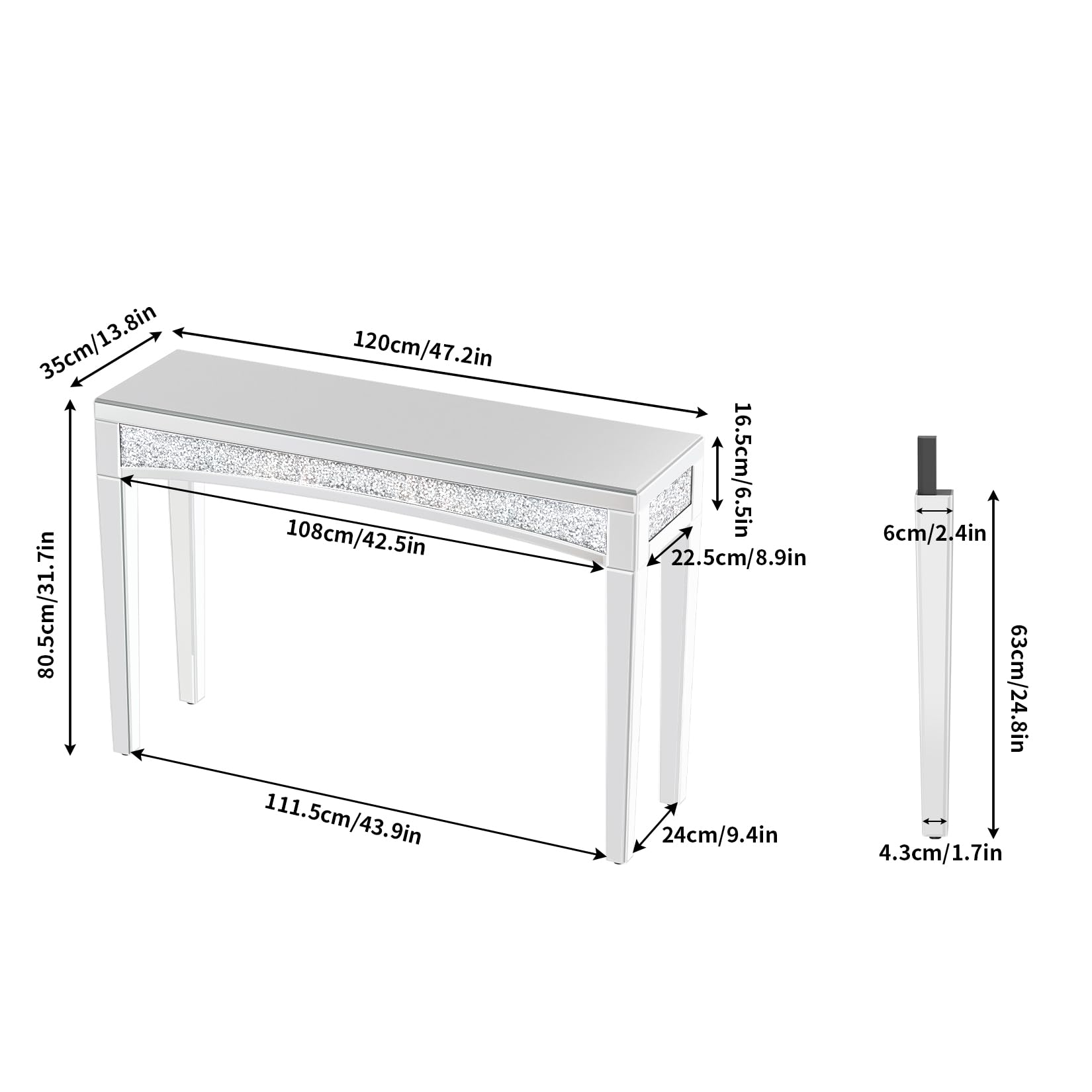 Mesa Consola de Entrada con Superficie de Espejo: 120x35x80cm Mesa de Pasillo Plateada Moderna de Cristal con Diamantes Brillantes Decoración Lujosa para Recibidor Tocador Salón Dormitorio
