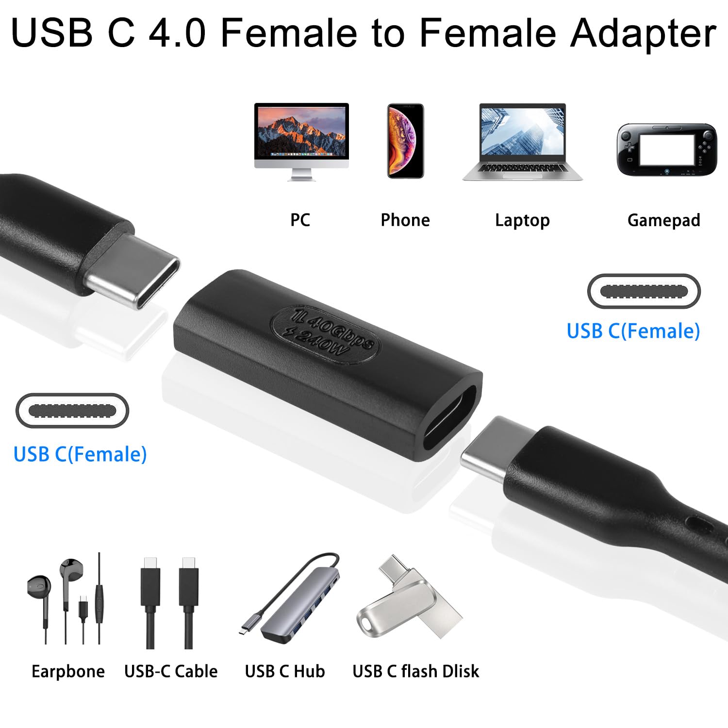 Adattatore USB C Femmina-femmina, Supporto 240W, 80Gbps, 16K@60Hz, Per Estensione Cavi E Connessione Docking Station, Plug-and-play, Nero/grigio