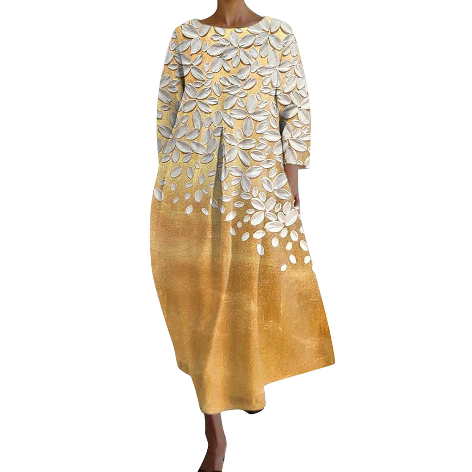 Skang Kleid Damen Langarm Sommer Kleider Lang Freizeit Lose Sommerkleid Boho Maxikleid Elegant Drucken Rundhals Strandkleid Casual Party Festliches Kleid mit Taschen
