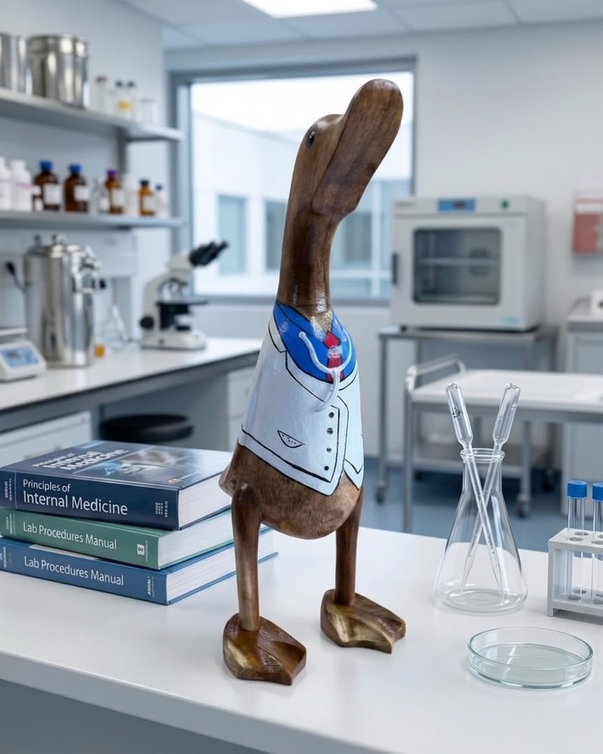 Kinaree Dekoracyjna kaczka drewno jako lekarz, średnia ok. 35 cm - ręcznie rzeźbiona drewniana figurka Doktor z fartuchem i stetoskopem, prezent dla Aerzte