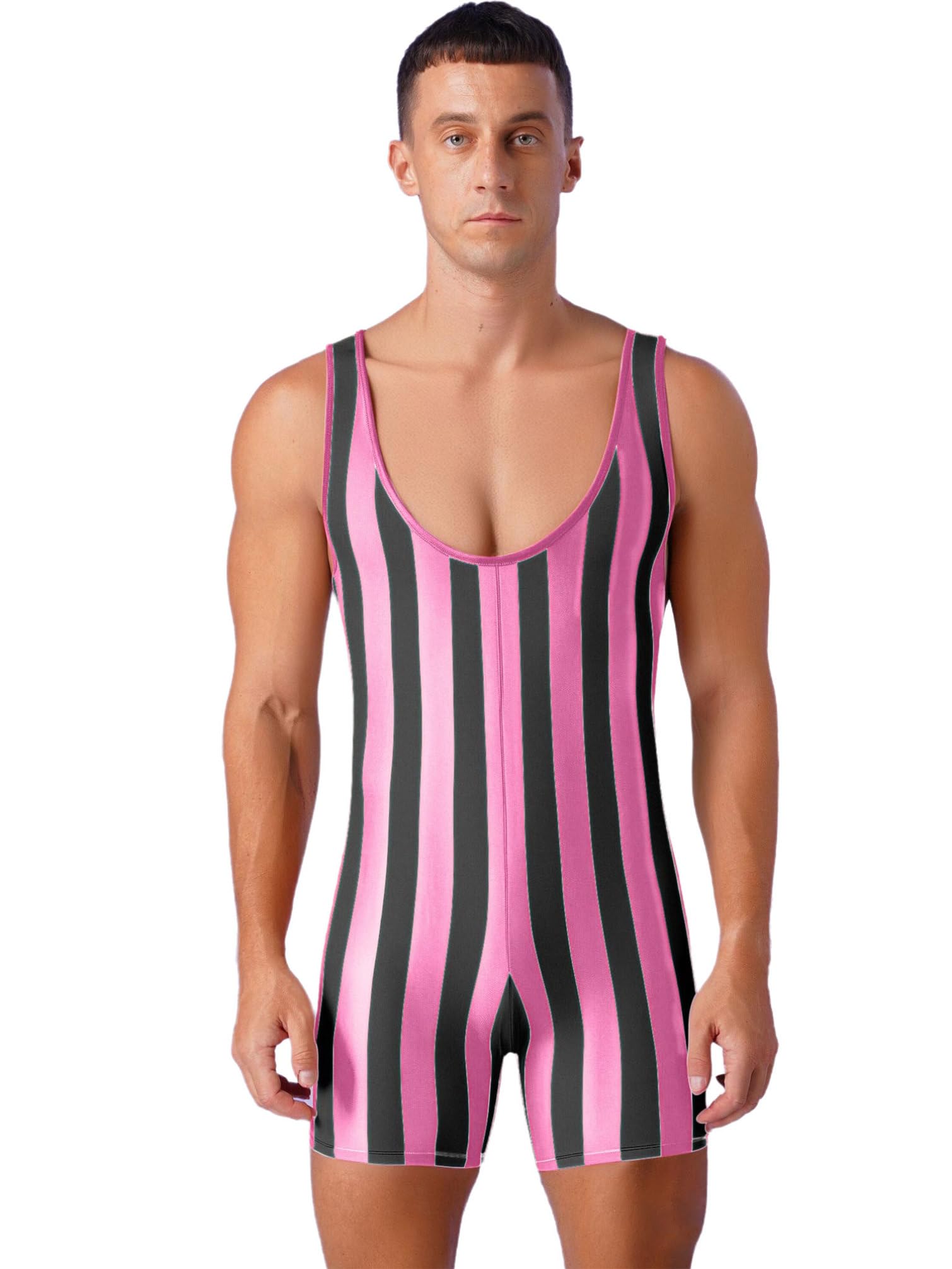 TiaoBug Mono De Lucha Rayado Para Hombres Sin Mangas Traje De Baño De Una Pieza Ropa Ajustado Para Clubes Nocturnos