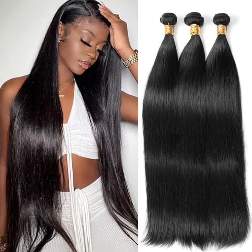 Straight Bundles Human Hair 24 26 28 Inch 12A Brazilian 3 Bundles Deals Human Hair 100% Unprocessed Virgin Remy Hair for Black Women Natural Black Color Hair Extensions