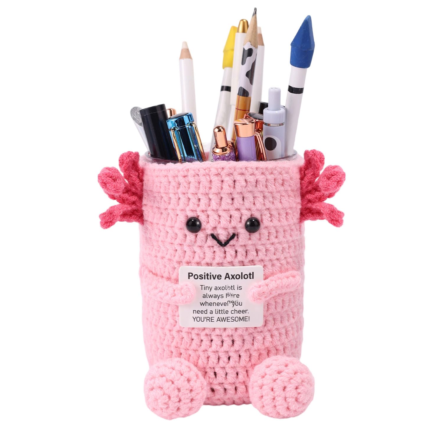 Lyreh Crochet Axolotl Pen Holder, Positive Animal Holder with Encouragement Card Cute Pencil Case Pouch Accessories Back to School Supplies for Boosting Student Motivation & Organize Desk (Pink)