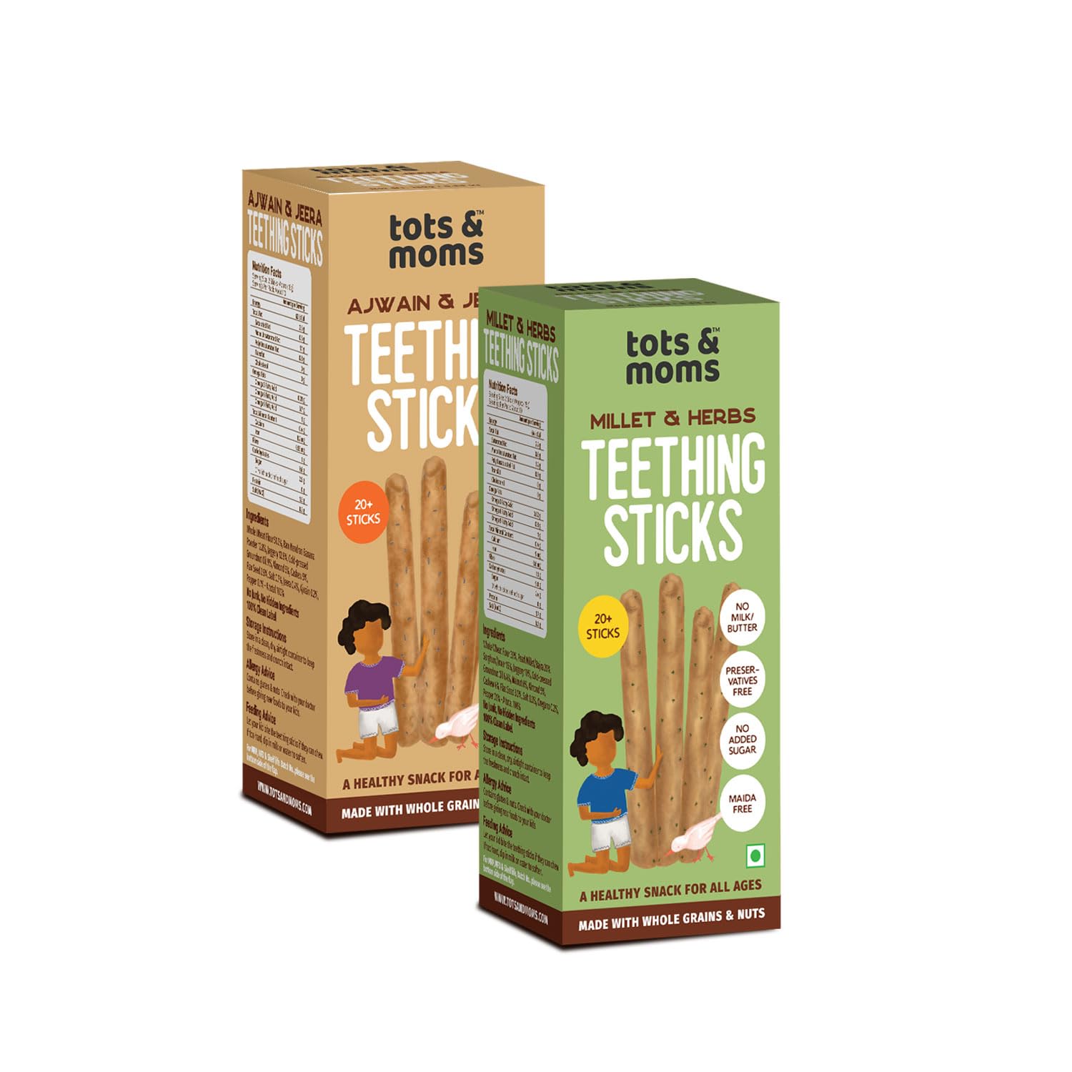 Tots and Moms Teething Sticks | Ajwain & Jeera | Millet & Herbs | Pack of 2-150g Each