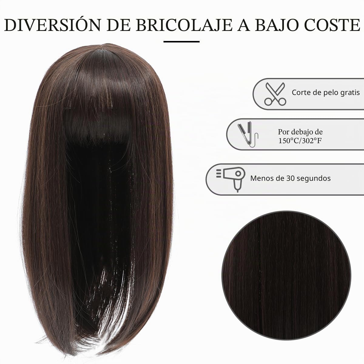 Topper de cabello para mujeres, piezas de cabello sintético de 45 cm, toupet con flequillo, peluca recta, piezas de cabello para cabello fino, marrón chocolate