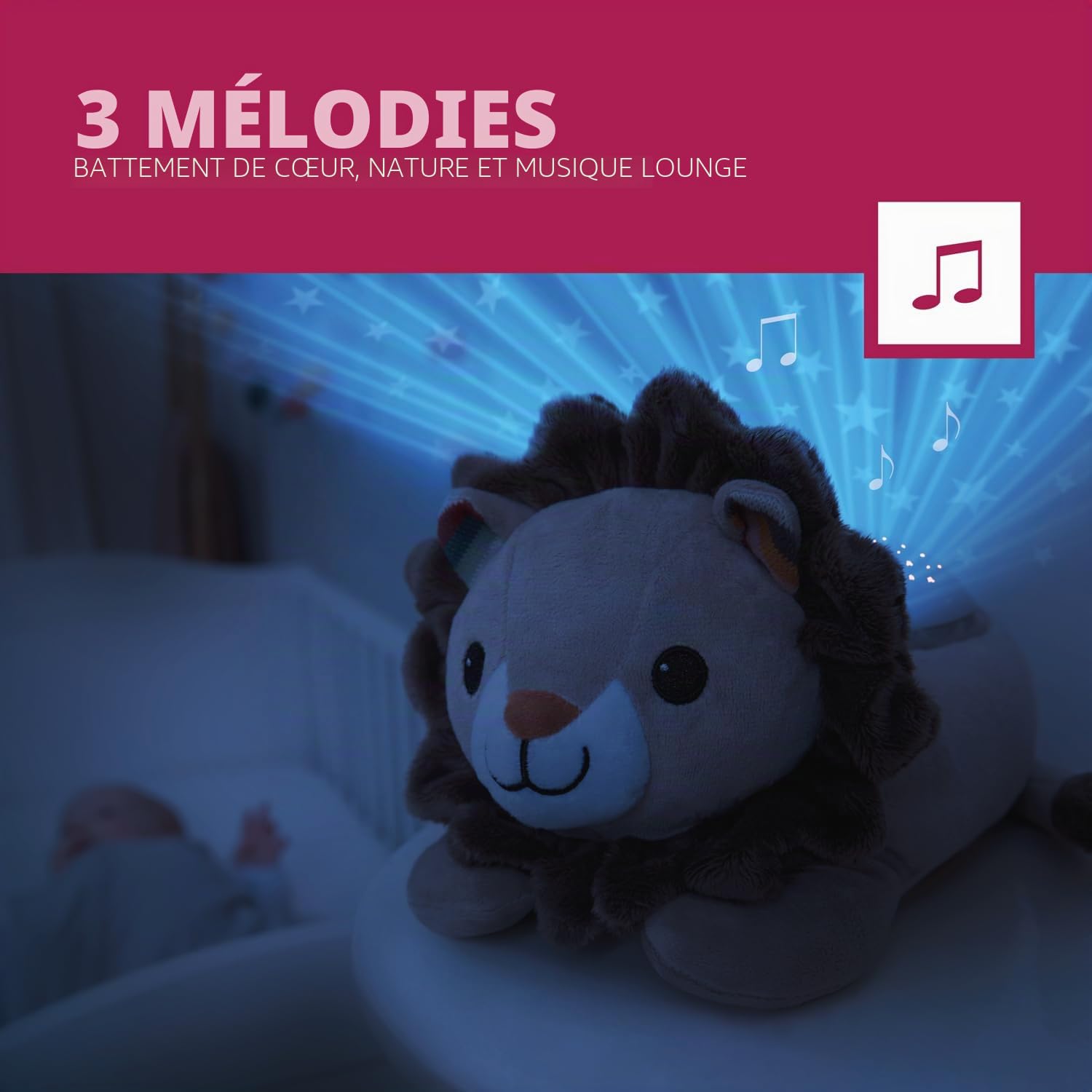 Leo the lion - projecteur d’étoiles avec des mélodies apaisantes et un capteur de cri