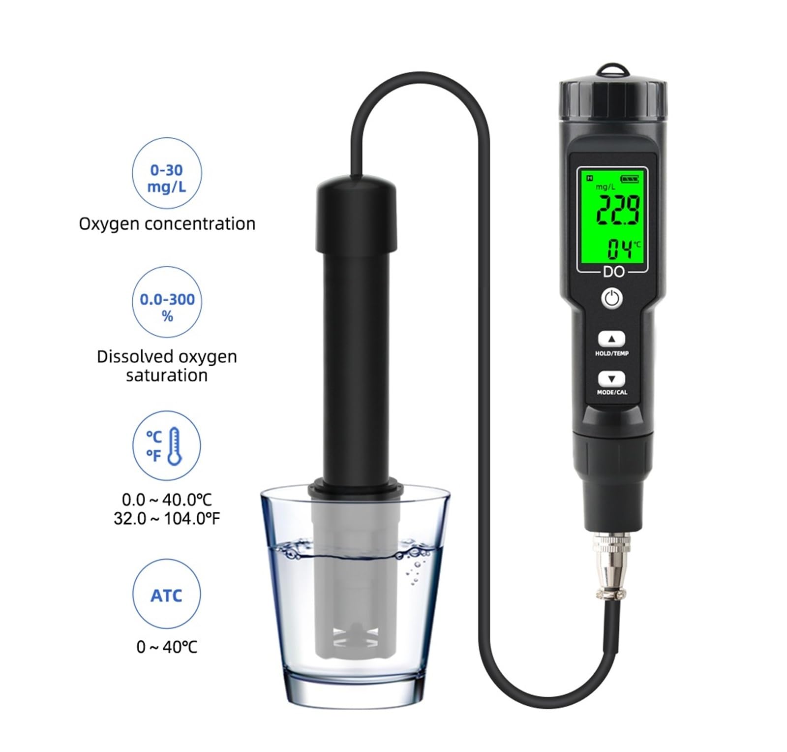 KOSBO Medidor Digital de oxígeno disuelto, 0,0-40,0 MG/L, medidor de oxígeno disuelto en Agua con electrodo A-TC y Fluido de llenado, for acuarios, estanques y acuicultura.(DO Tester 1.2M)