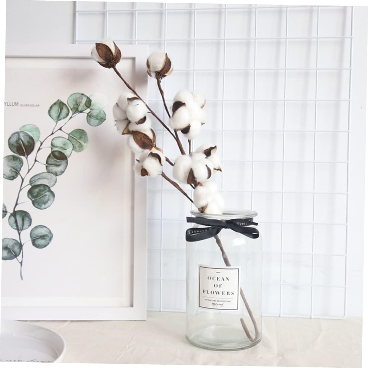 3pcs 10 Heads Dried Cotton Stems Artificial Flower Arrangement Fake Cotton Stalks for Home Decor