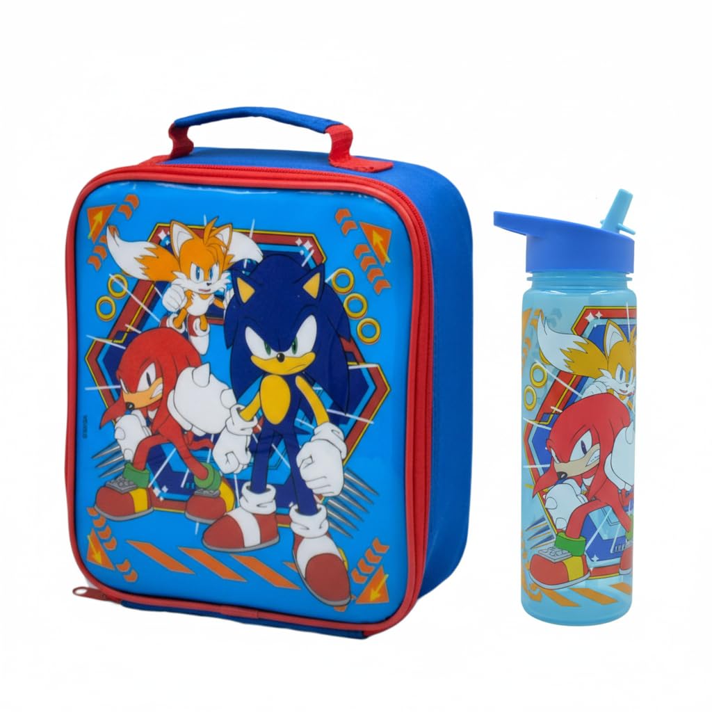 Sonic The Hedgehog Lunch Bag Set + 600ml Water Bottle – Insulated Durable, Spacious & Stylish - Lightweight & Easy to Carry - for School, Preschools & Picnics, Blue