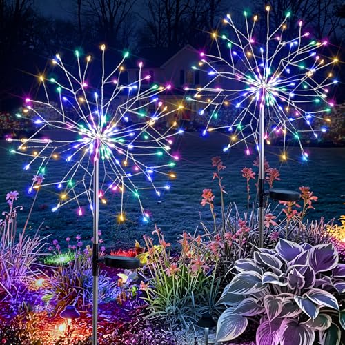suddus Solar Garden Lights Outdoor Waterproof Upgrade 2 Pack 150LED Solar Firework Lights 8 Modes Starburst Fairy Light for Front Yard Driveway Bushes Patio Christmas Decor (Multicolor)