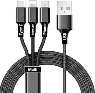 كابل شحن سريع مضفر بالنايلون 3×1 لنوع سي ومايكرو وايفون شاحن بمنفذ USB متوافق مع الموبايلات واجهزة التابلت يصلح للاستخدام العالمي لحاسوب لوحي