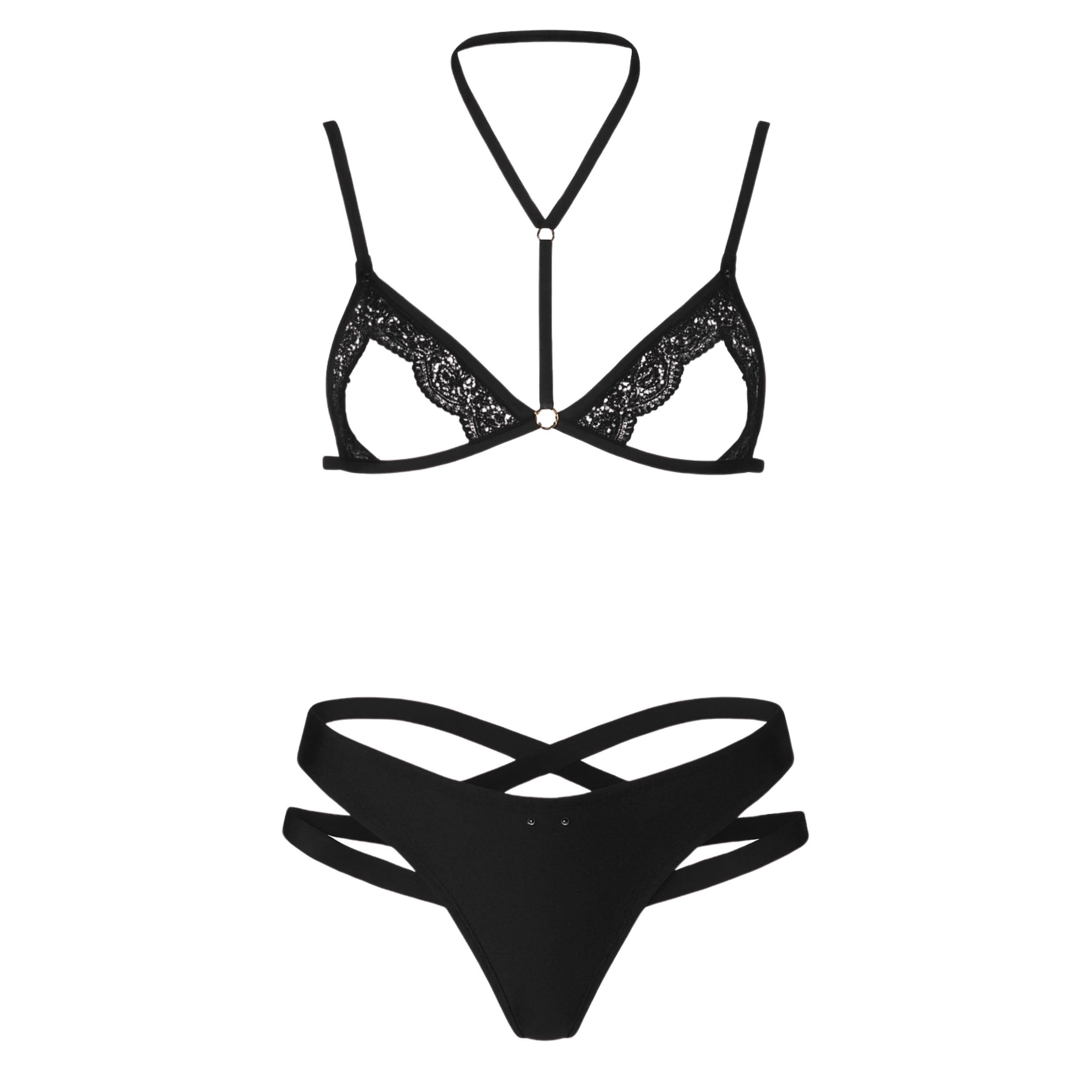Men's Black Lace Lingerie Set, 2-Piece Strappy Design with Triangle Top and Brief-image-11