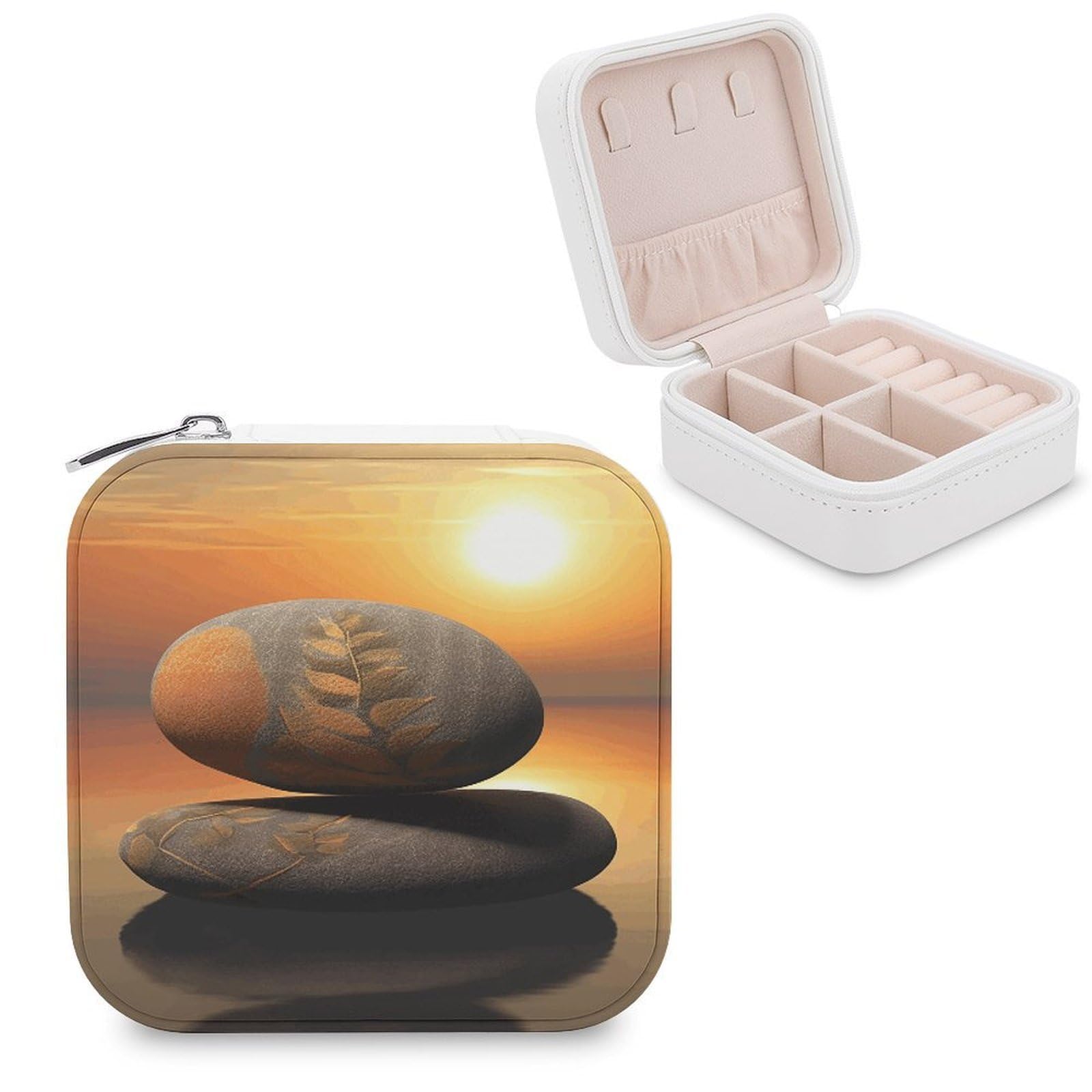 MUSM Sunrise Landscape Zen Stone Travel Jewelry Case Personalized PU Leather Jewelry Boxes for Women Small Portable Jewelry Organizer Box Cute Trinket Box for Necklaces Rings Earrings & Gifts