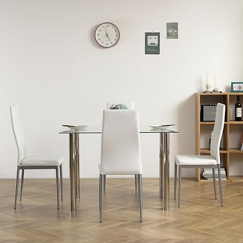 Miniatura 7 de i-POOK Juego de mesa de comedor de cristal para 4, mesa de comedor rectangular de vidrio de 43 pulgadas con 4 sillas de comedor tapizadas de