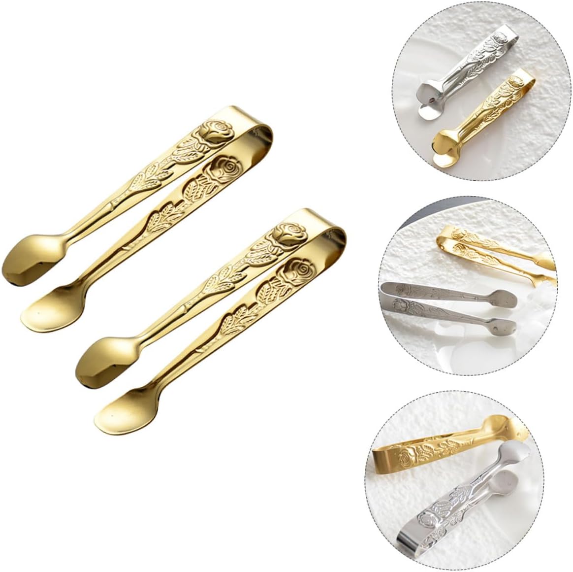 Generic 2pcs Stainless Steel Food Clips with Rose Pattern Ice Cube and Sugar Tongs for Home Restaurant Tea Party Wedding and Hotel Serving