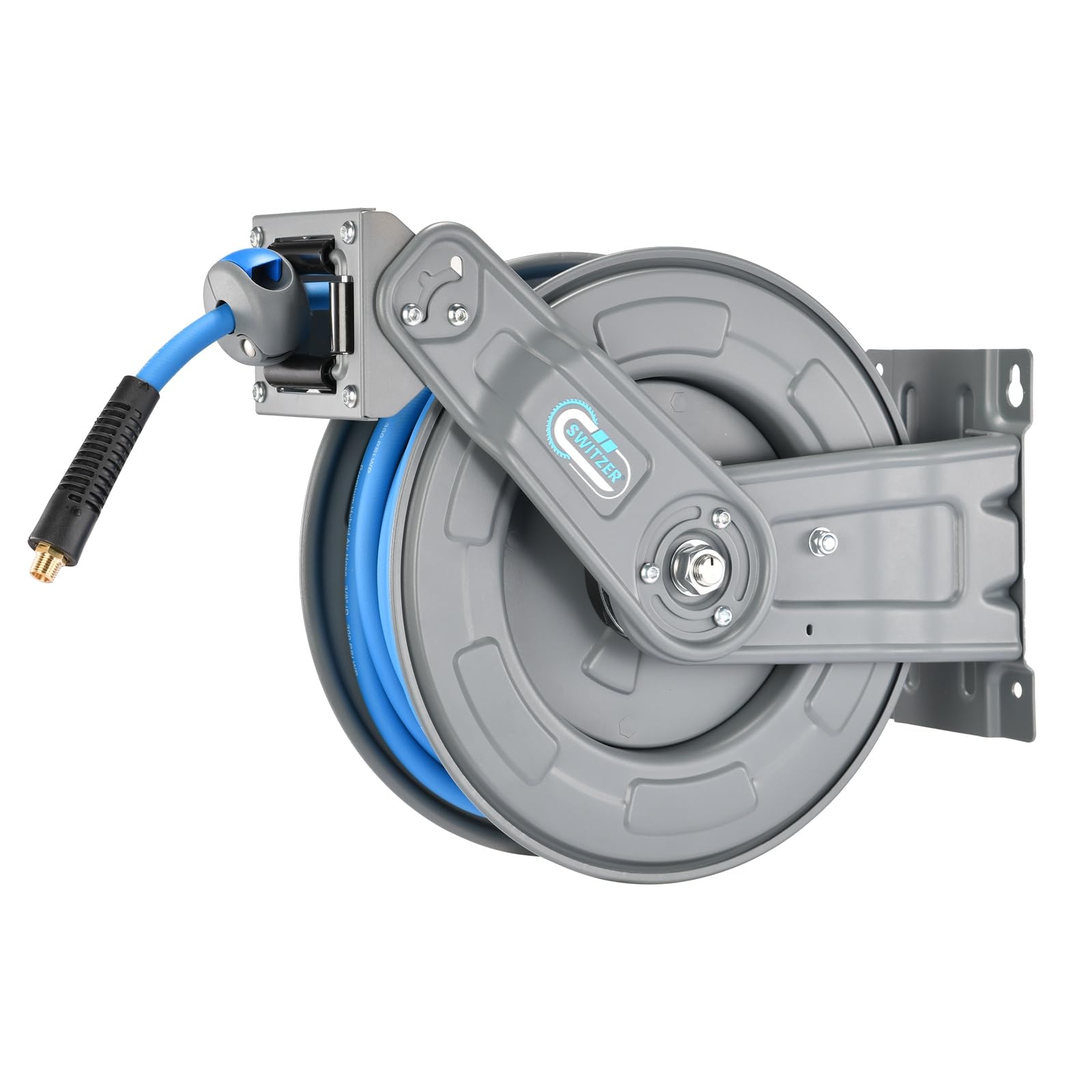 SwitZer Heavy Duty Retractable Air Hose Reel 3/8" Inch x 65' Feet 20M Hybrid Polymer Hose, Wall Mounted Double Arm Steel Construction, Max. 300 PSI for Garage Workshop Air Tools