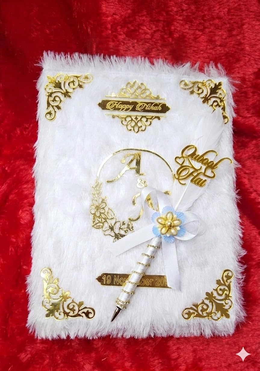 Personalised Customised Nikah Mubarak Nikah Nama Booklet for Couple, The Name Of Bride And Groom Name On It, Thumb Impresssion And Sign Wedding Gift for Friends brothers and Sisters (White Fur)-image-37