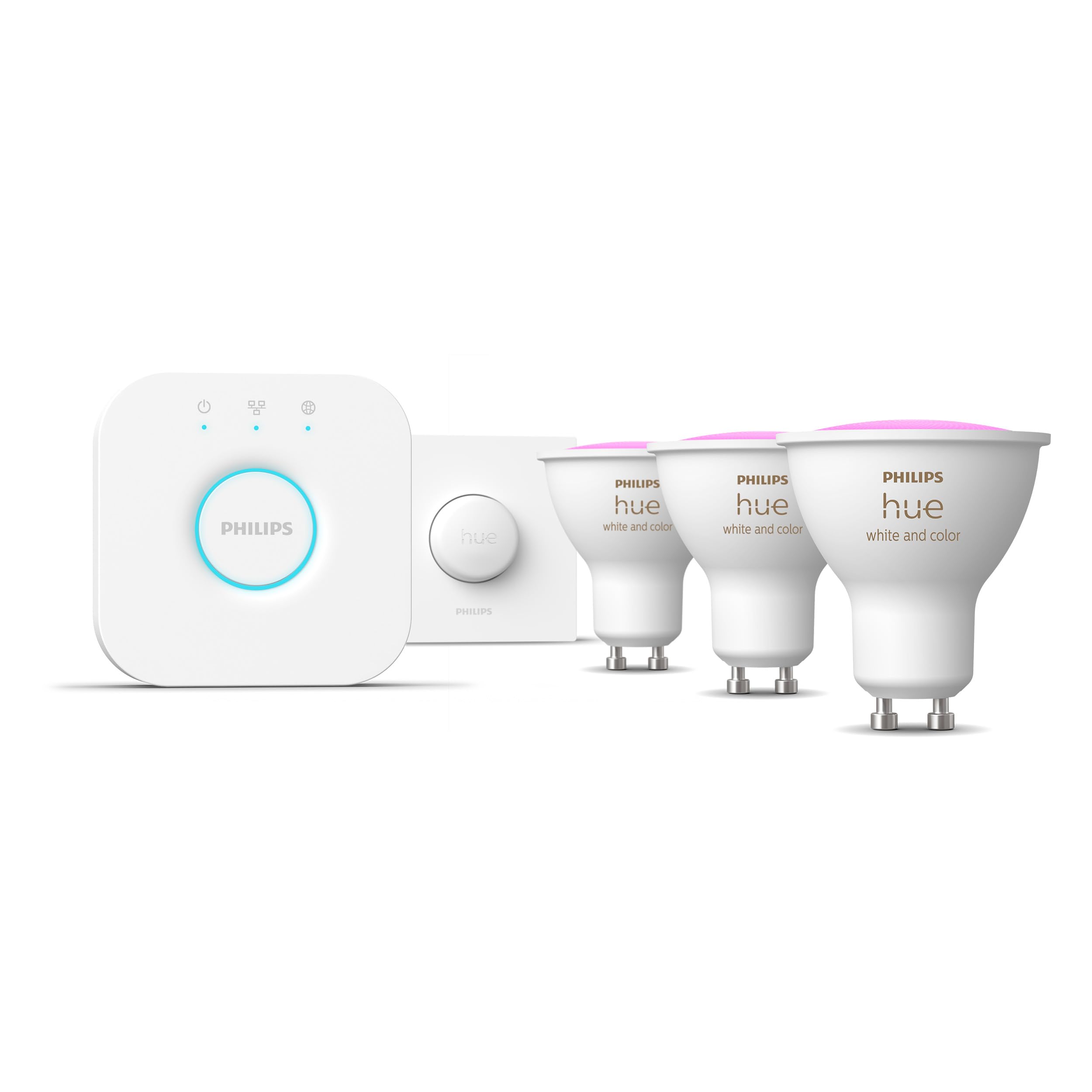 Philips Hue Starter Kit: Bridge + 3 GU10 Smarte Glühbirnen + Smart Button, White and Color Ambiance, Smart Light Hub, kompatibel mit Alexa, Google Assistant, Samsung SmartThings, Apple Home