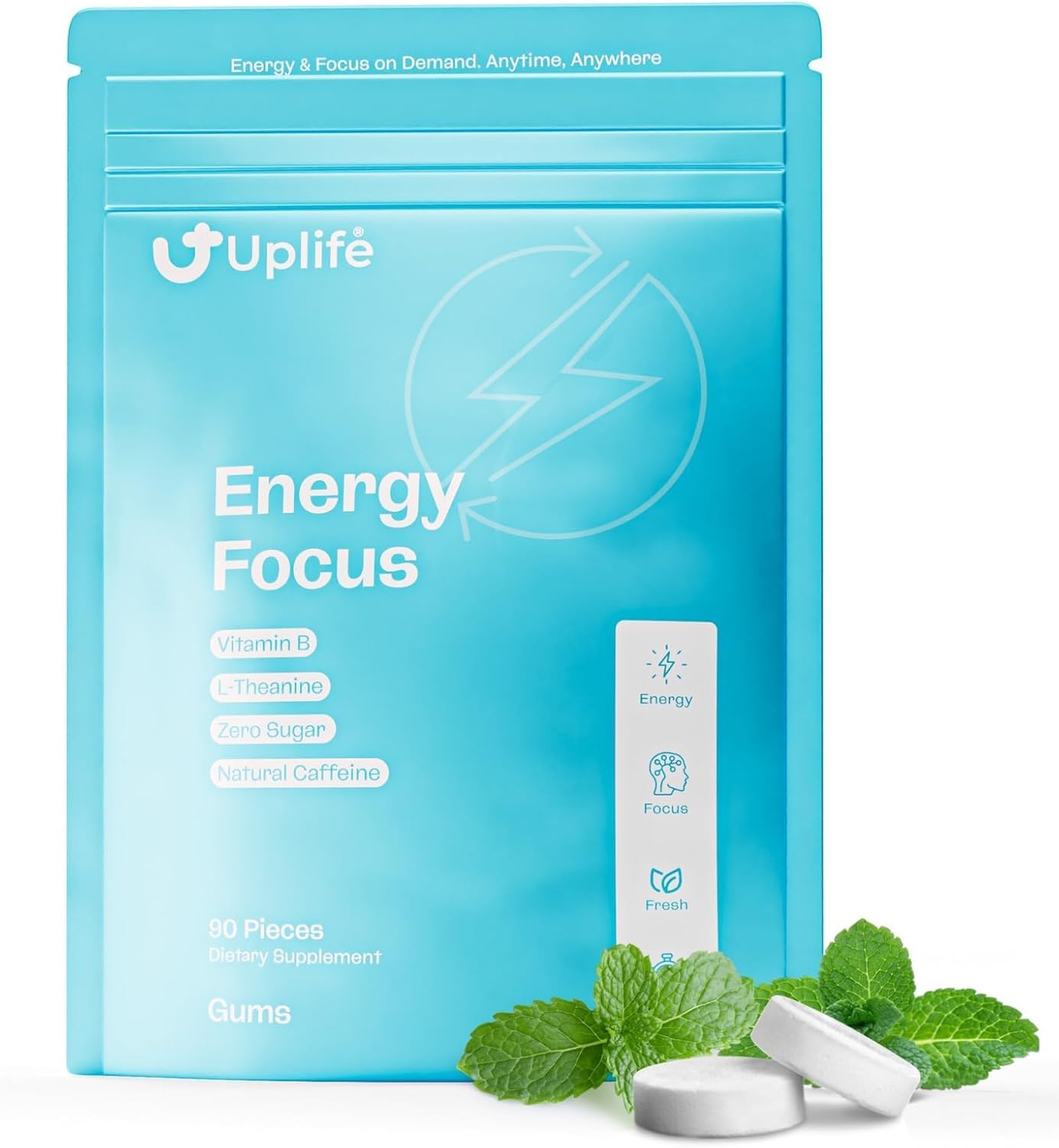 UPLIFE Energy and Focus Gum 90 Pcs – Made in USA – Nootropic Natural Caffeine Gum Coffee Alternative - Organic Gum with 40mg Caffeine + 80mg L-Theanine + B3 &amp; B12 - Suger Free - Peppermint Flavor