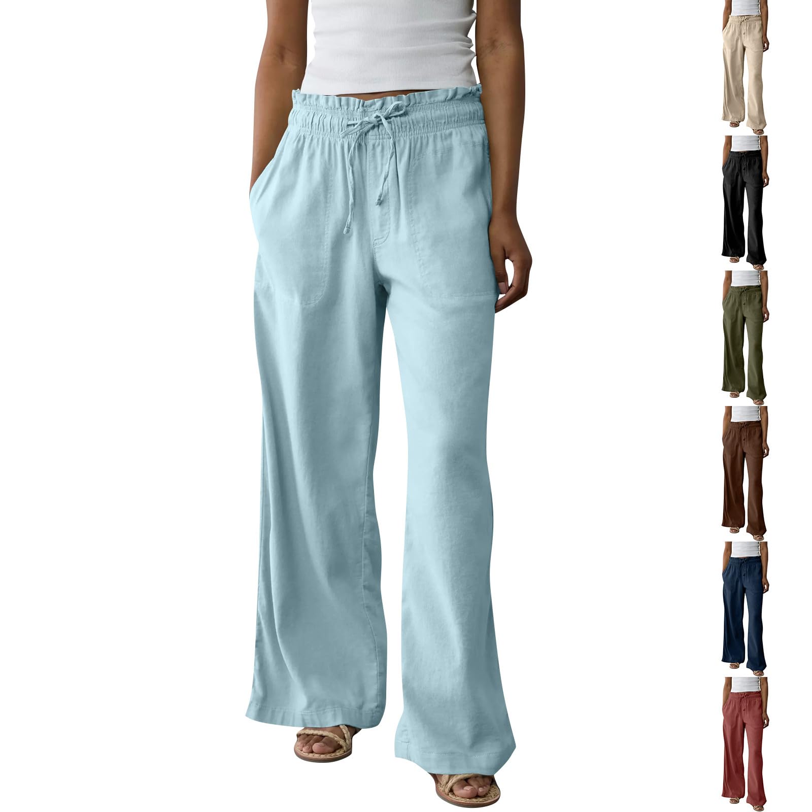 Cotton Linen Pants for Women 2025 Plus Size Wide Leg Cropped Lounge Trousers Drawstring Elastic Waist Summer Beach Pant